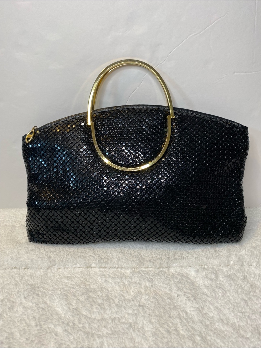 Vintage Black Sequin Evening Top-Handle Bag with Gold Handles
